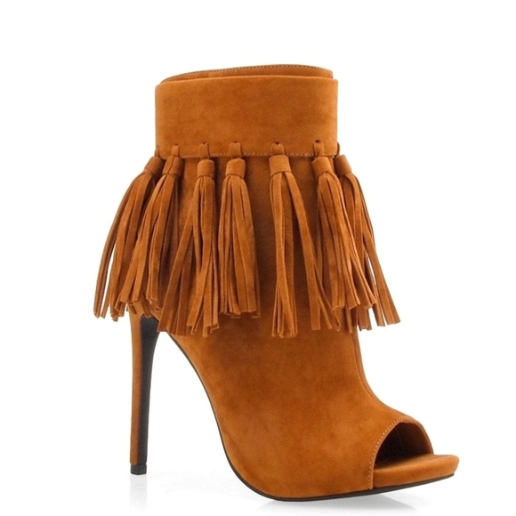 Fringe Tassel Peep Toe Ankle Boots - Tan, By Privileged Shoes Sz 7.5 Without Tag - Picture 1 of 9